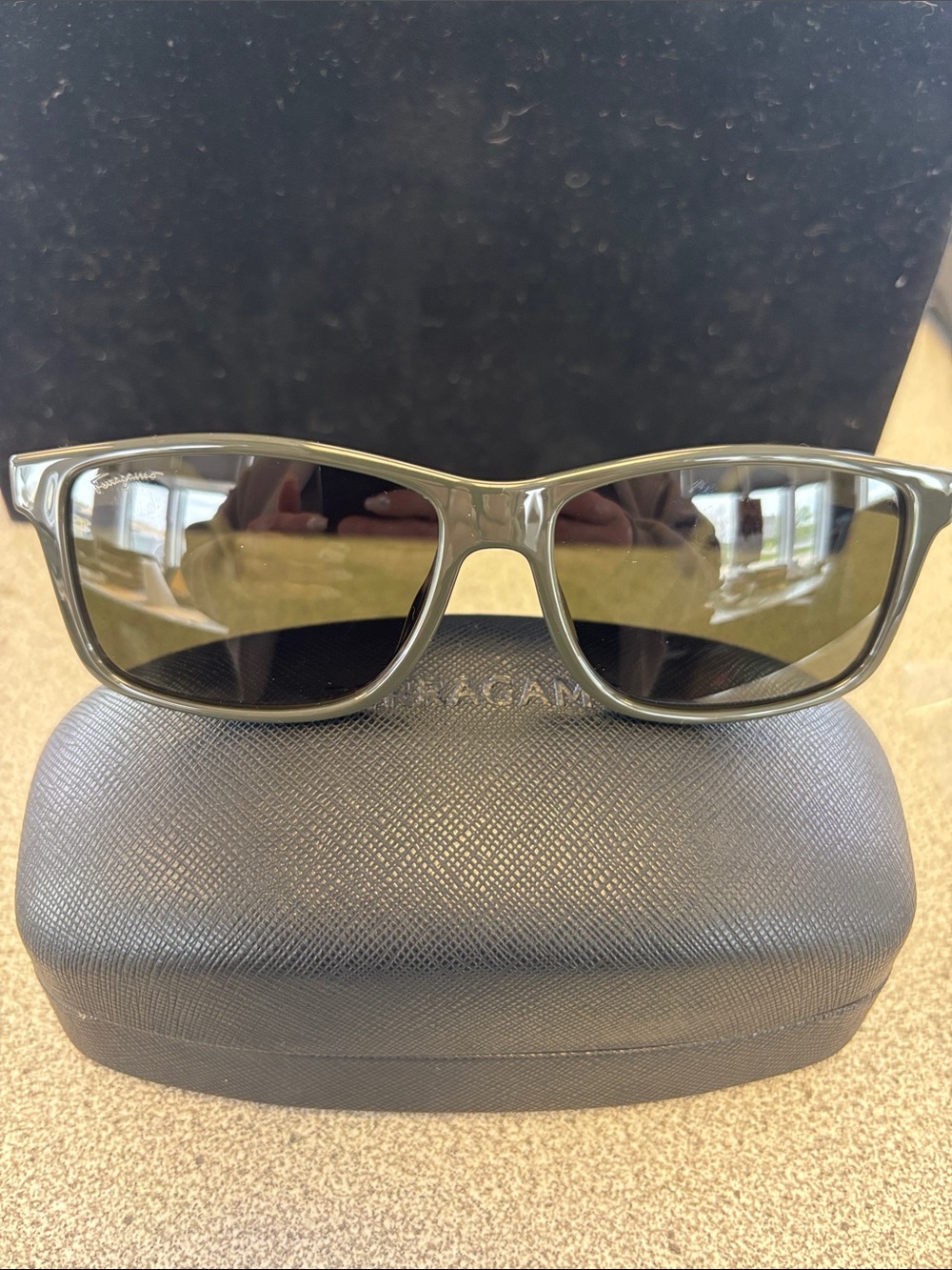 Salvatore Ferragamo Olive Green Frame Sunglasses with Dark Lenses
